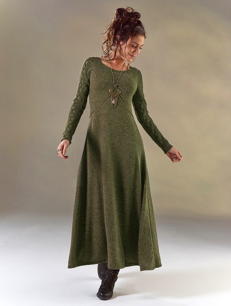 Toonzshop Melisandre Crochet Long Sleeve Long Sweater Dress Klänning Dam Olivgröna Gröna | SDWFG-9682