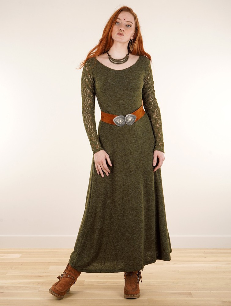 Toonzshop Melisandre Crochet Long Sleeve Long Sweater Dress Klänning Dam Olivgröna Gröna | SDWFG-9682