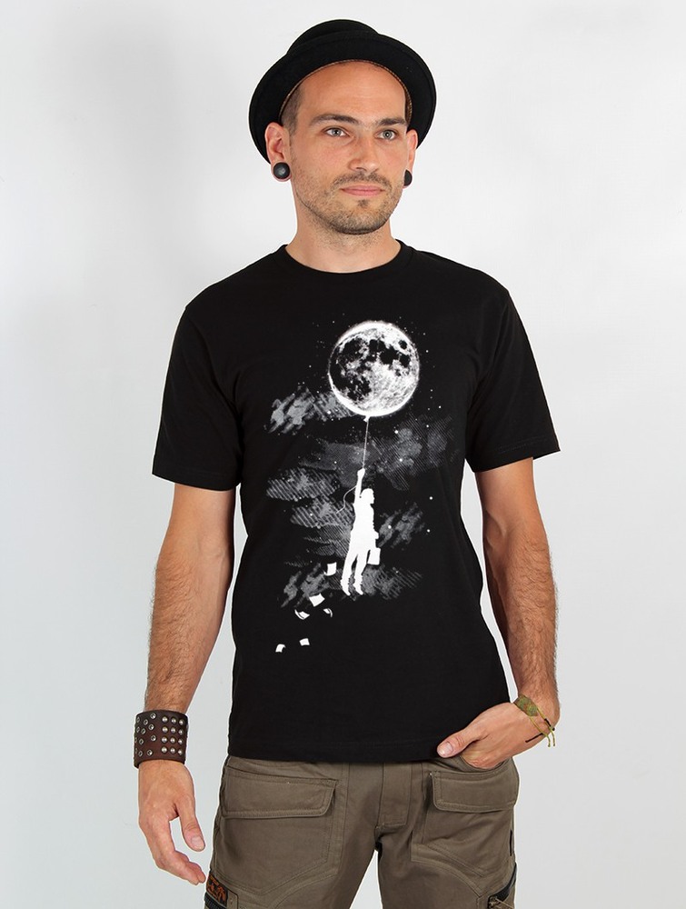 Toonzshop Moon Balloon Printed Short Sleeve T-shirt T-Shirt Herr Svarta | SOFZT-0831