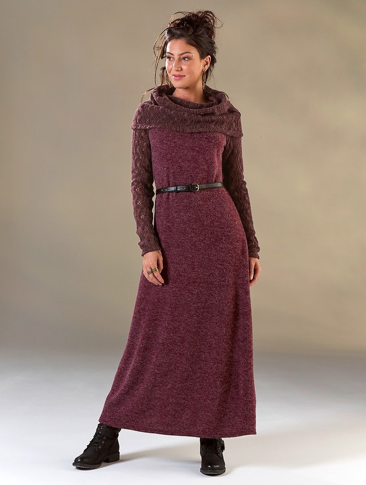 Toonzshop Nouchka Crochet Sleeves And Big Collar Long Sweater Dress Klänning Dam Wine | PDXWY-4896