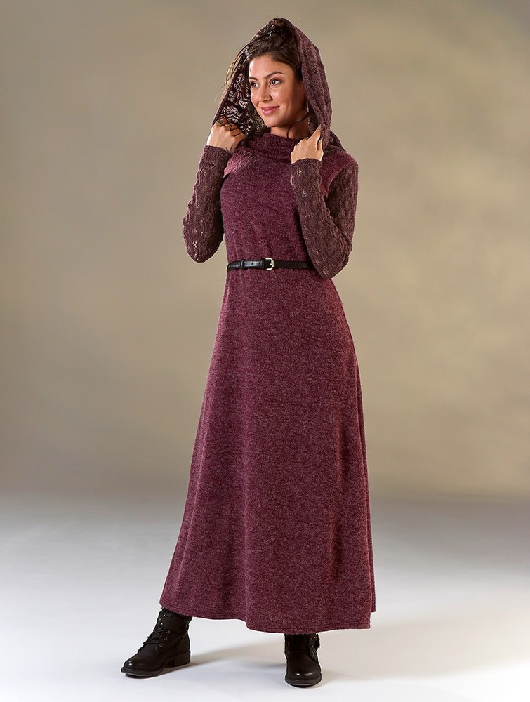 Toonzshop Nouchka Crochet Sleeves And Big Collar Long Sweater Dress Klänning Dam Wine | PDXWY-4896