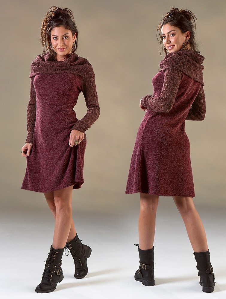 Toonzshop Nouchka Crochet Sleeves And Big Collar Skater Sweater Dress Klänning Dam Wine | OKGAW-6928