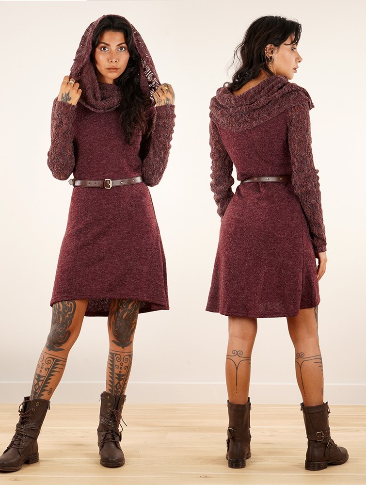 Toonzshop Nouchka Crochet Sleeves And Big Collar Skater Sweater Dress Klänning Dam Wine | OKGAW-6928