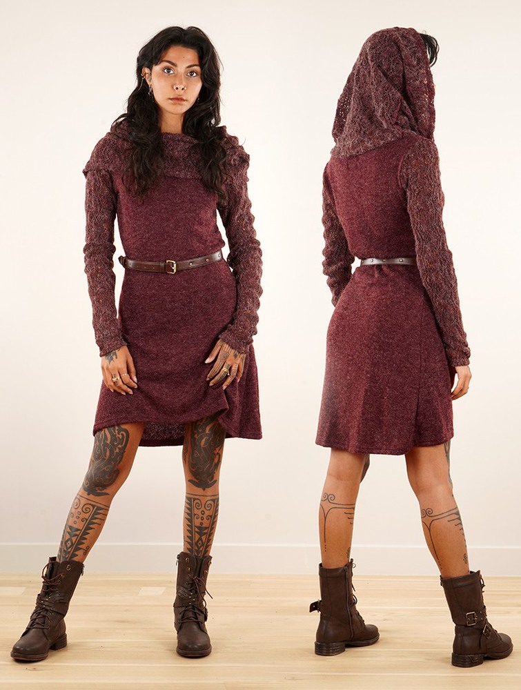 Toonzshop Nouchka Crochet Sleeves And Big Collar Skater Sweater Dress Klänning Dam Wine | OKGAW-6928