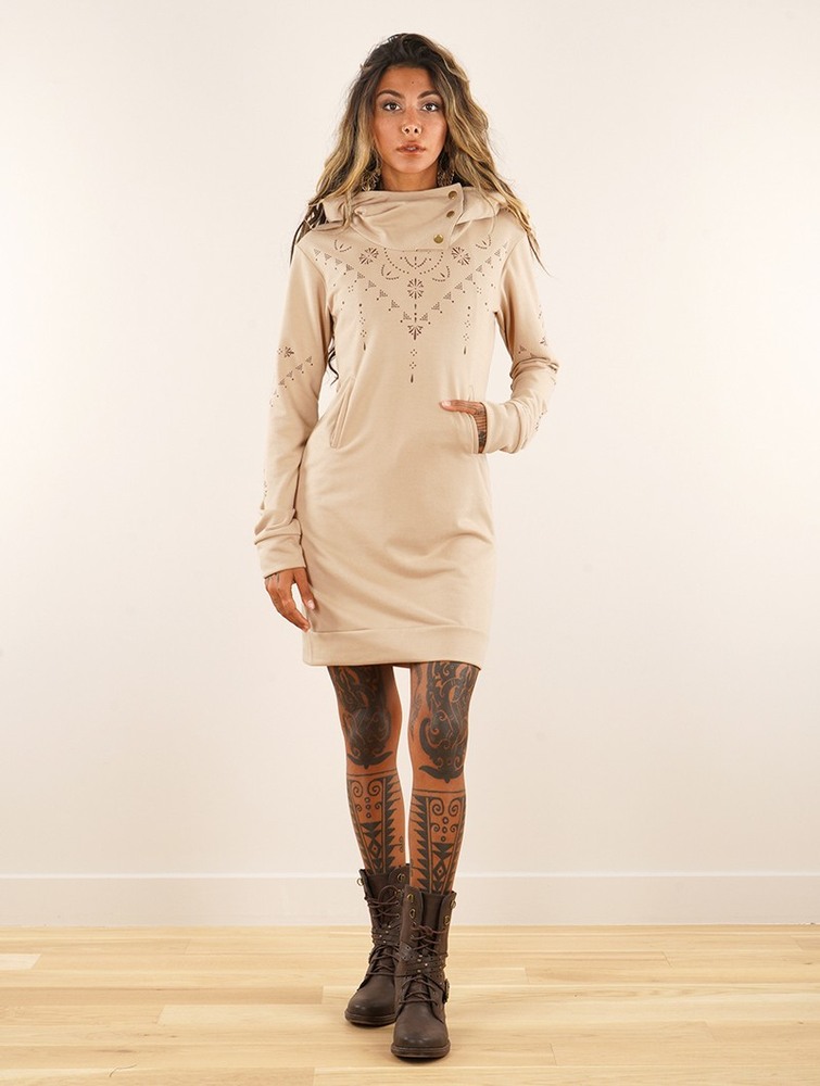 Toonzshop Numendil Ornemental Dots Printed High Collar Hoodie Dress Klänning Dam Beige | DUTZH-2564