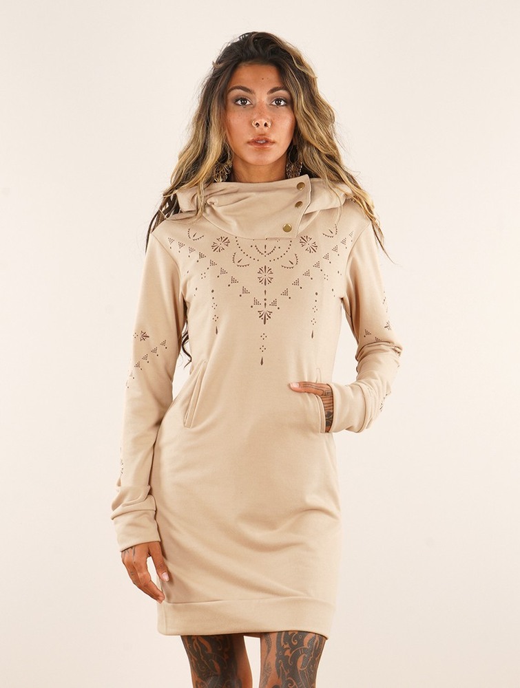 Toonzshop Numendil Ornemental Dots Printed High Collar Hoodie Dress Klänning Dam Beige | DUTZH-2564