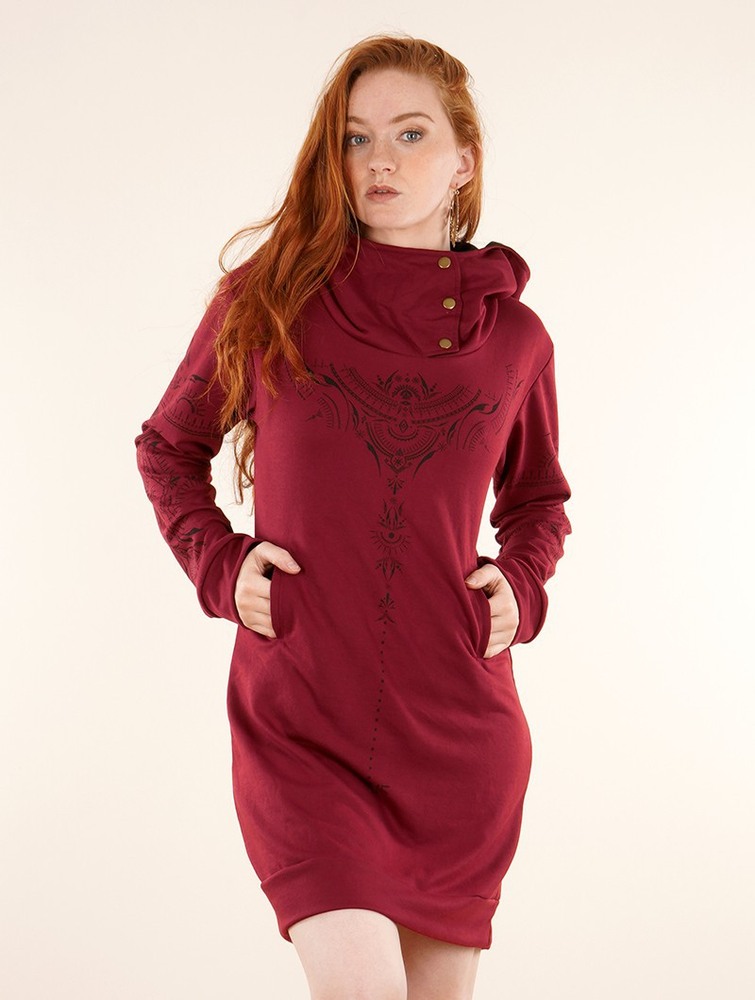 Toonzshop Numendil Zohraa Printed High Collar Hoodie Dress Klänning Dam Wine | MILQC-5672