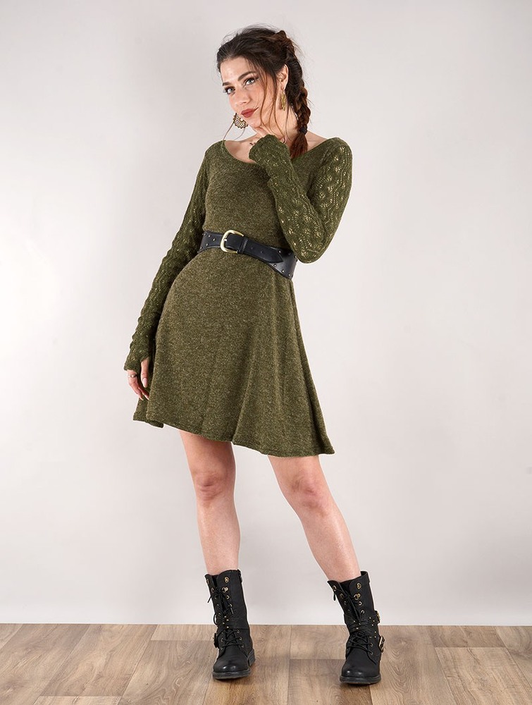 Toonzshop Oroshï Crochet Sleeve Sweater Dress Klänning Dam Khaki | CWDYR-0714