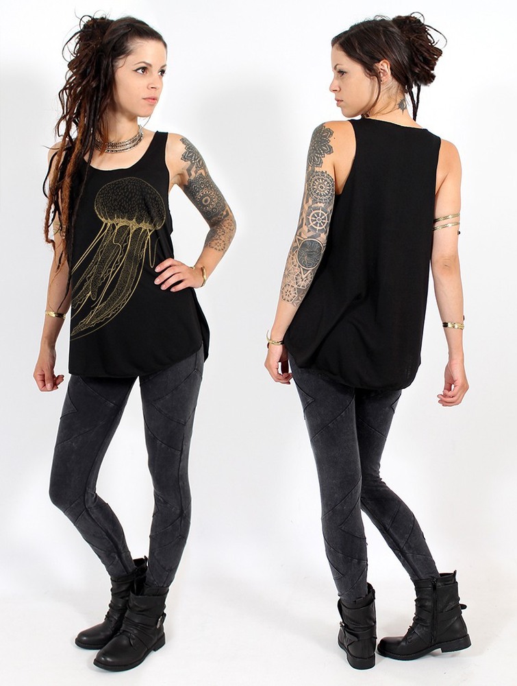 Toonzshop Sajja Medusa Printed Tank Top Linne Dam Svarta Guld | RSWCL-0396