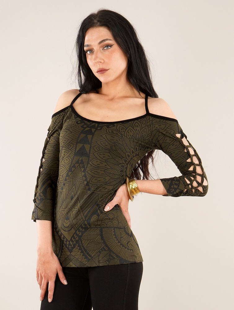 Toonzshop Sedna Africa Cut Out Braided Back And 3/4 Sleeve Printed Top BH Dam Gröna | ATJCE-4698