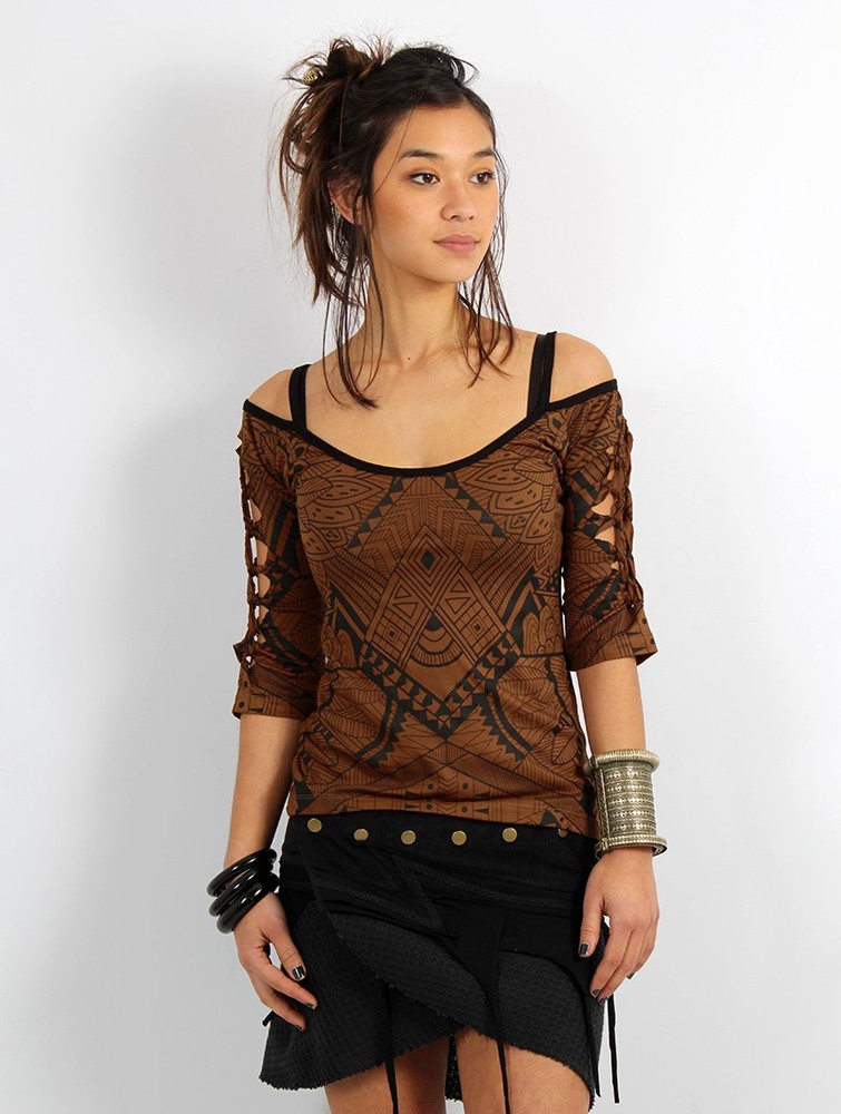 Toonzshop Sedna Africa Cut Out Braided Back And 3/4 Sleeve Printed Top BH Dam Bruna | UQSYK-1752