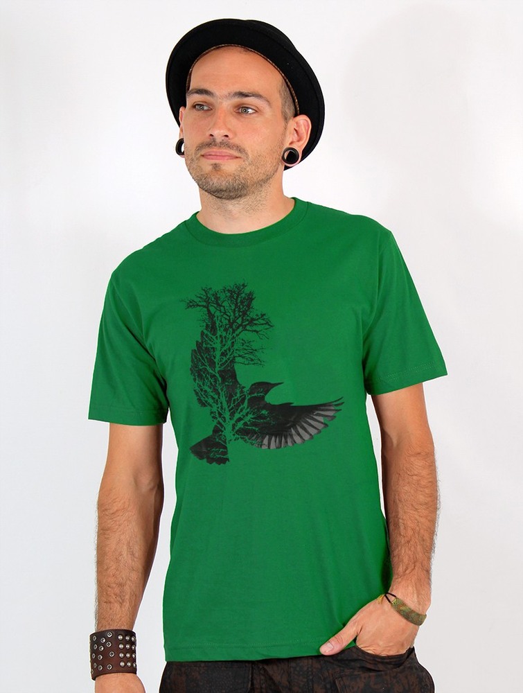 Toonzshop Tree Crow Printed Short Sleeve T-shirt T-Shirt Herr Gröna | WQKFP-7843