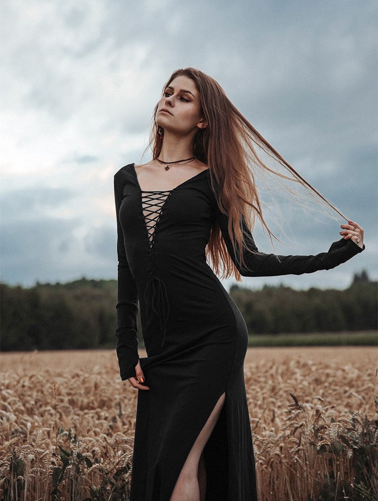 Toonzshop Valkyrie Lace-up Split Long Dress Klänning Dam Svarta | JSFKP-7615