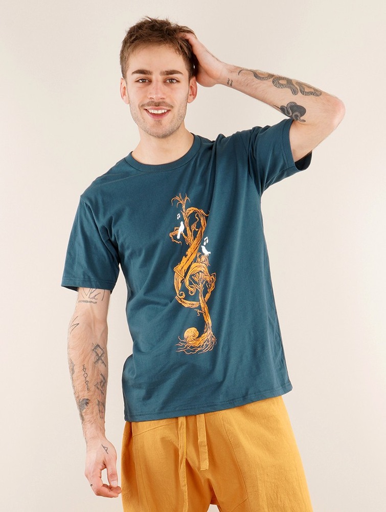 Toonzshop Vegetal Treble Clef Printed Short Sleeve T-shirt T-Shirt Herr Mörkblå | JRKIP-6837